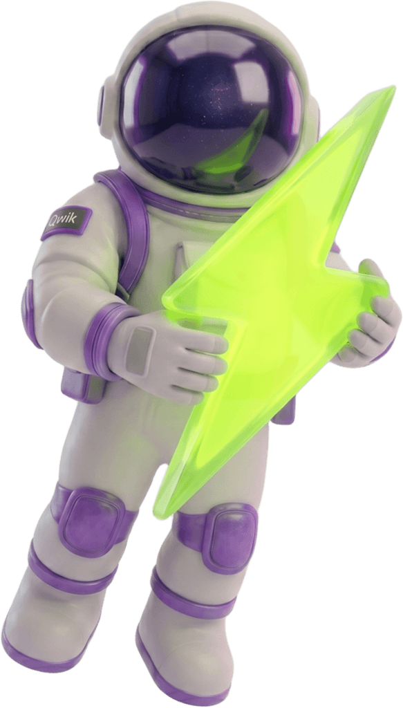 AstroQwik, o mascote da Qwik, a segurar o raio